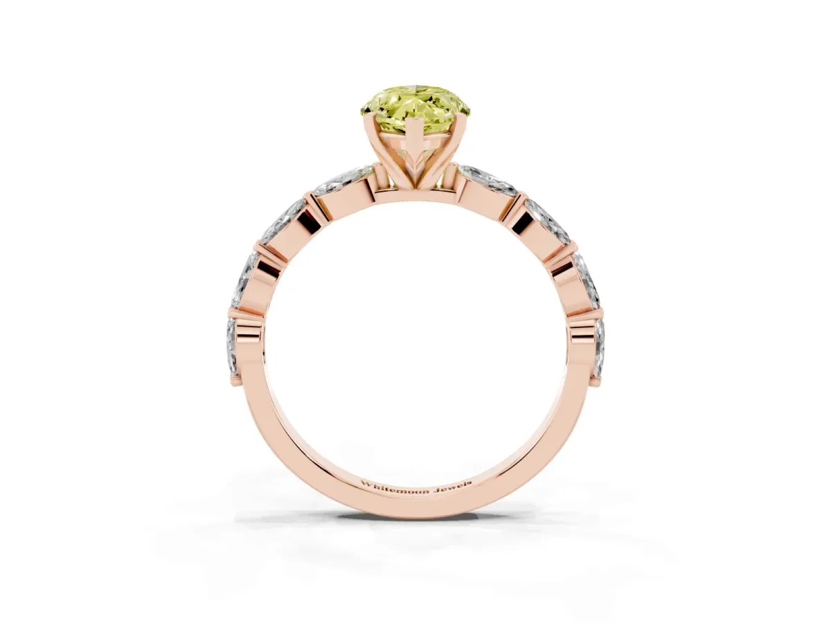Fancy Yellow Marquise Cut Diamond Ring with Marquise Side Stones and Prong Setting Rose gold
