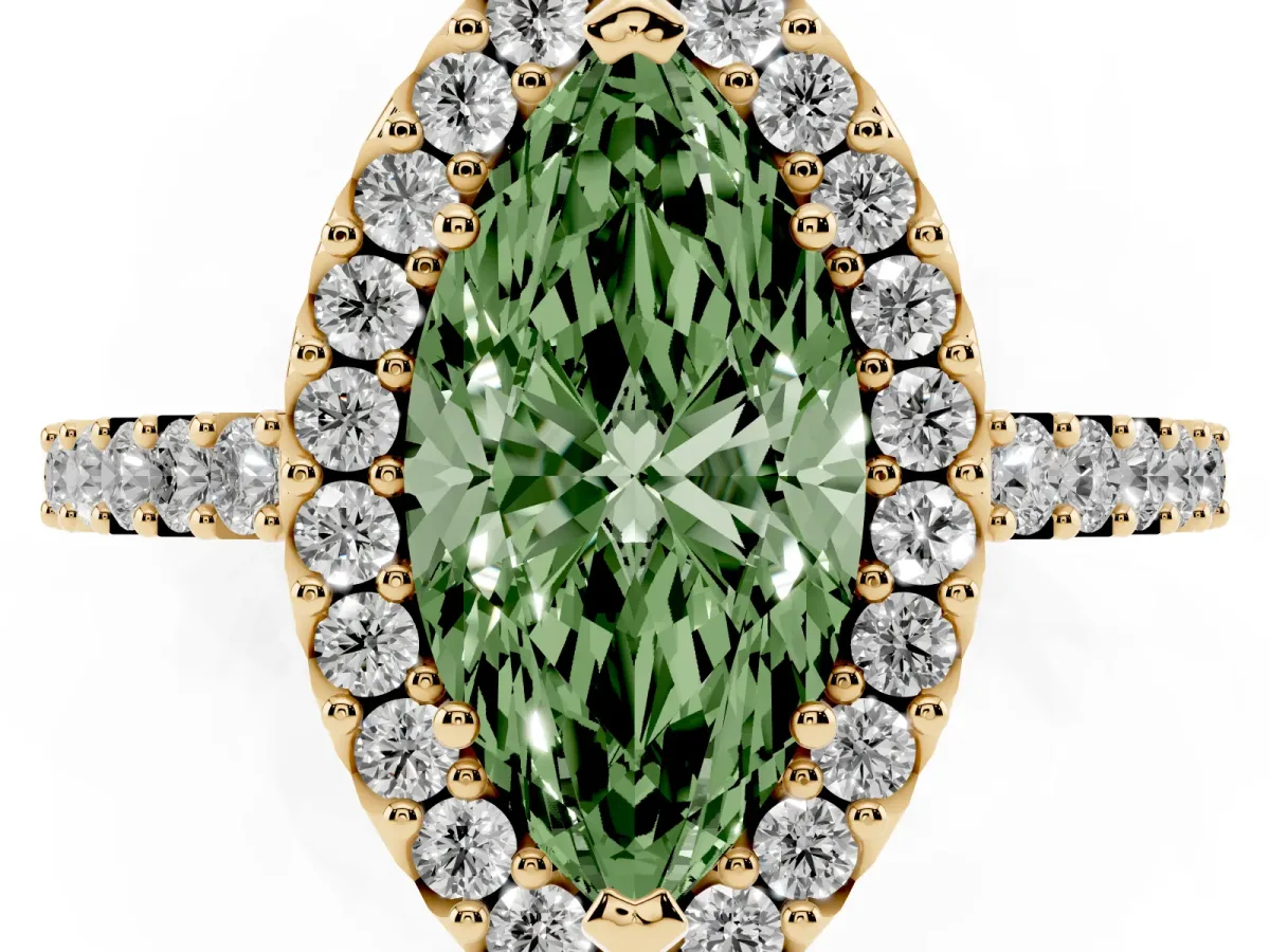 Fancy Green Marquise Cut Halo Diamond Pavé Solitaire Ring Yellow gold
