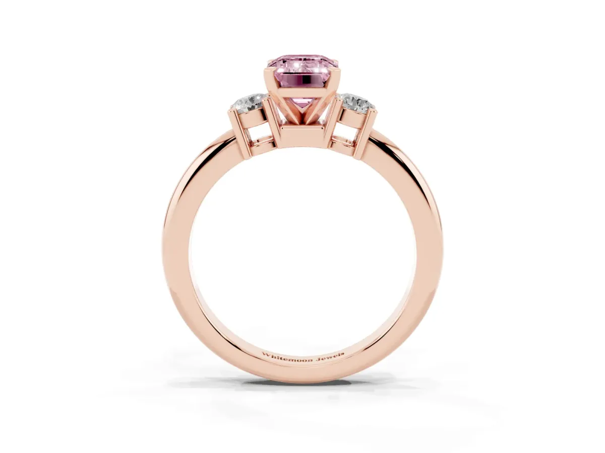 Fancy Pink Three-Stone Emerald Cut Cut Diamond Solitaire with Prong Setting and Classic Band Rose gold