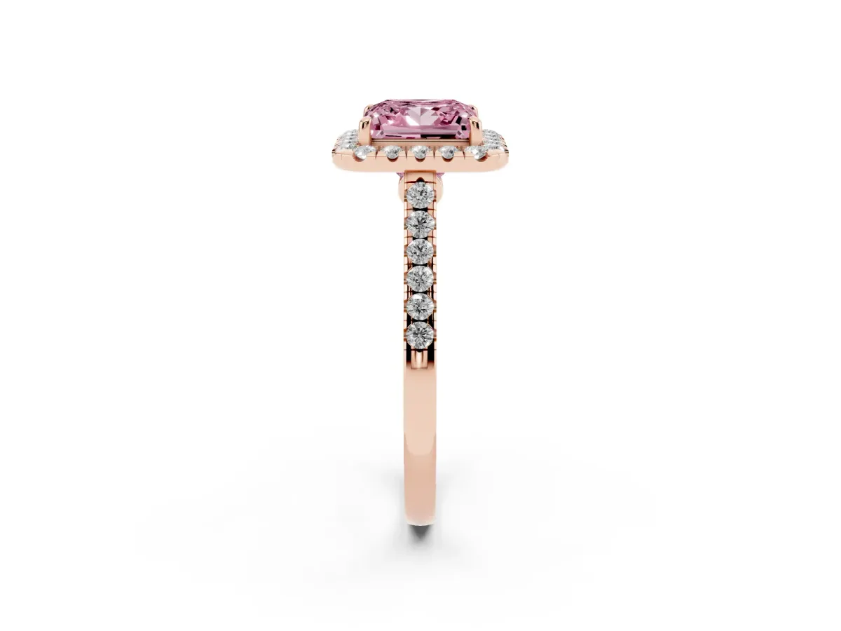 Fancy Pink Princess Cut Halo Pave Diamond Engagement Ring with Four-Prong Setting Rose gold