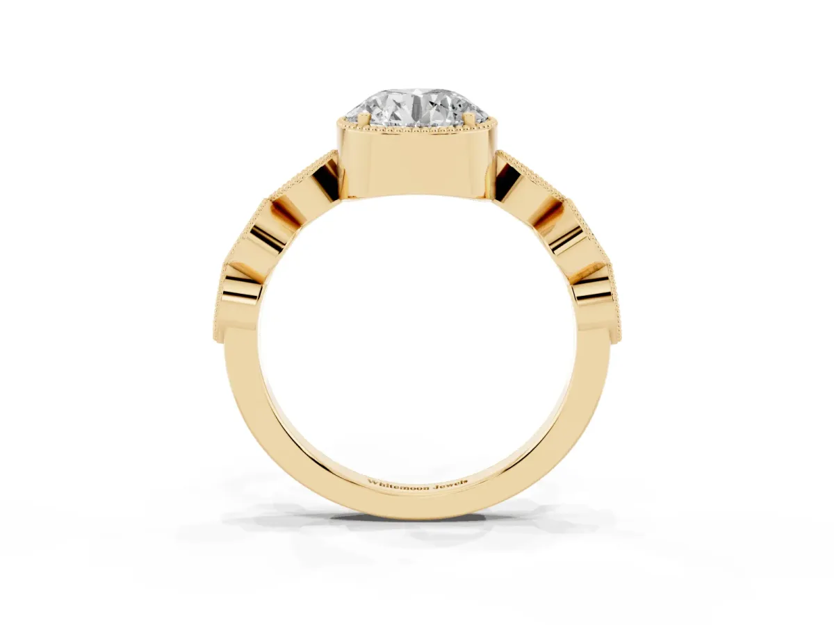 Round Cut Diamond Vintage Milgrain Ring with Round Stations Yellow gold
