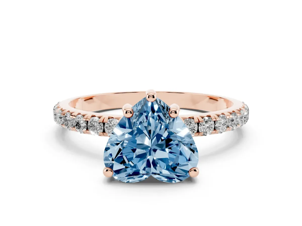 Fancy Blue Heart Cut Cut Diamond Solitaire Ring with Micro Pave Band and Four Prong Setting Rose gold