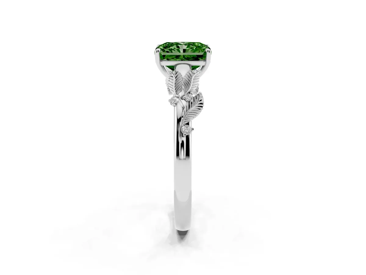 Fancy Green Radiant Cut Diamond Solitaire Ring with Leaf Motif Band and Four-Prong Setting Silver