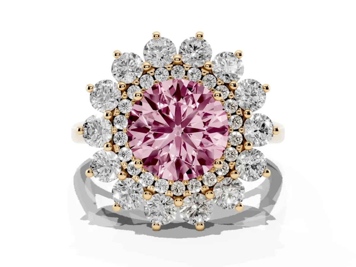 Fancy Pink Round Cut Diamond Floral Double Halo Engagement Ring with Prong Setting Yellow gold