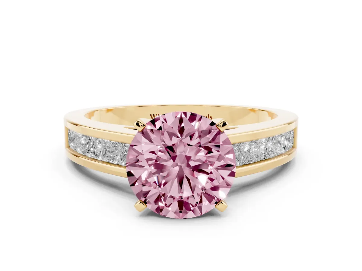 Fancy Pink Round Cut Solitaire Diamond Ring with Channel-Set Band and Four-Prong Setting Yellow gold