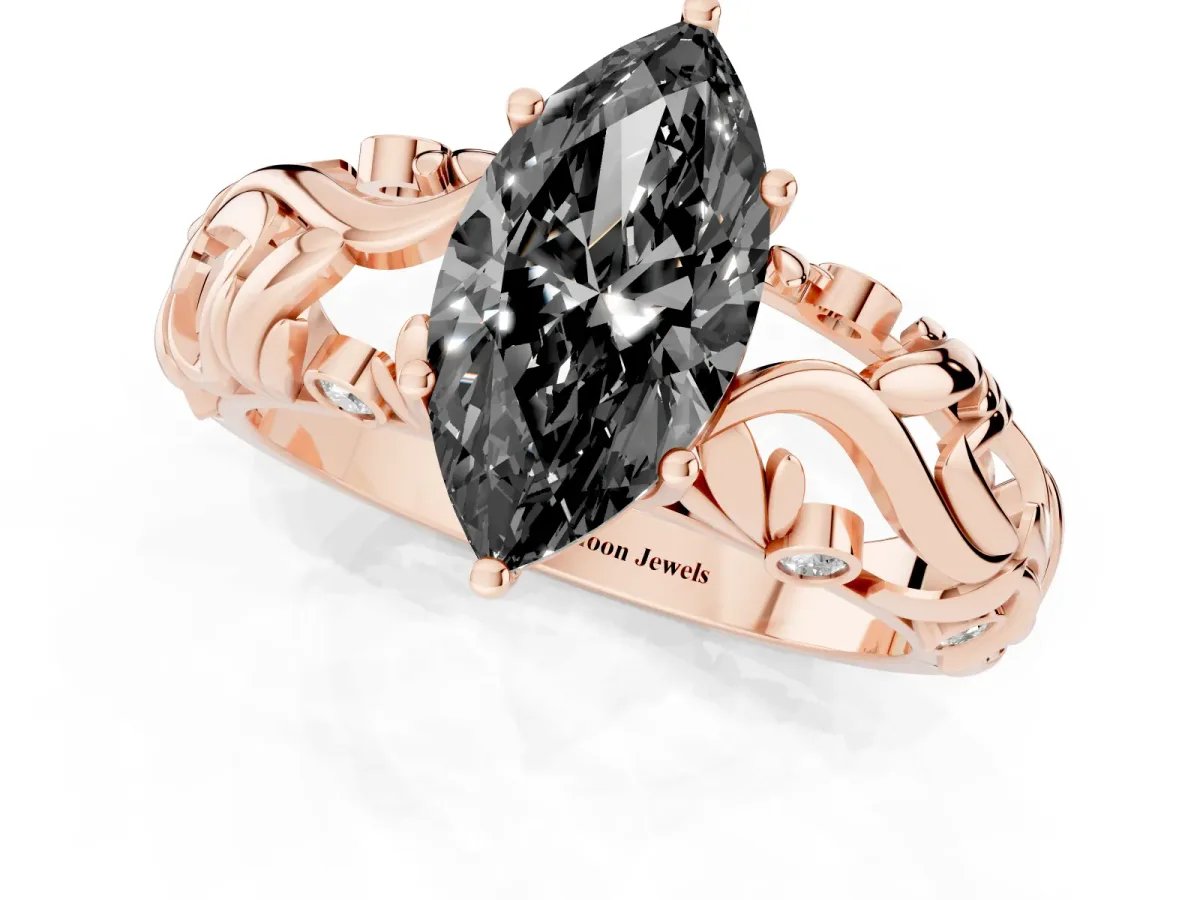Fancy Black Marquise Cut Solitaire Diamond Leaf-Inspired Vine Band Ring with Prong Setting Rose gold