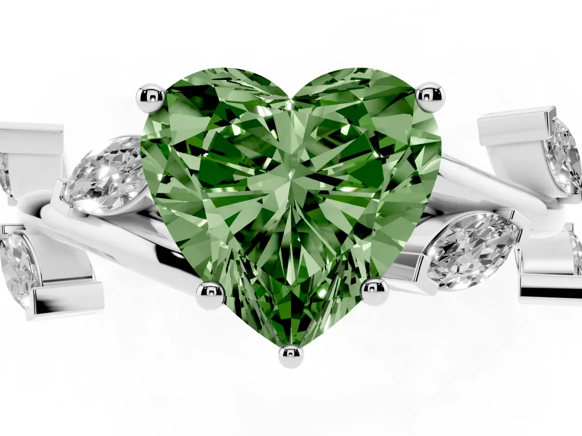Fancy Green Heart Cut Solitaire Twisted Band Marquise Accent Prong Setting Ring Silver