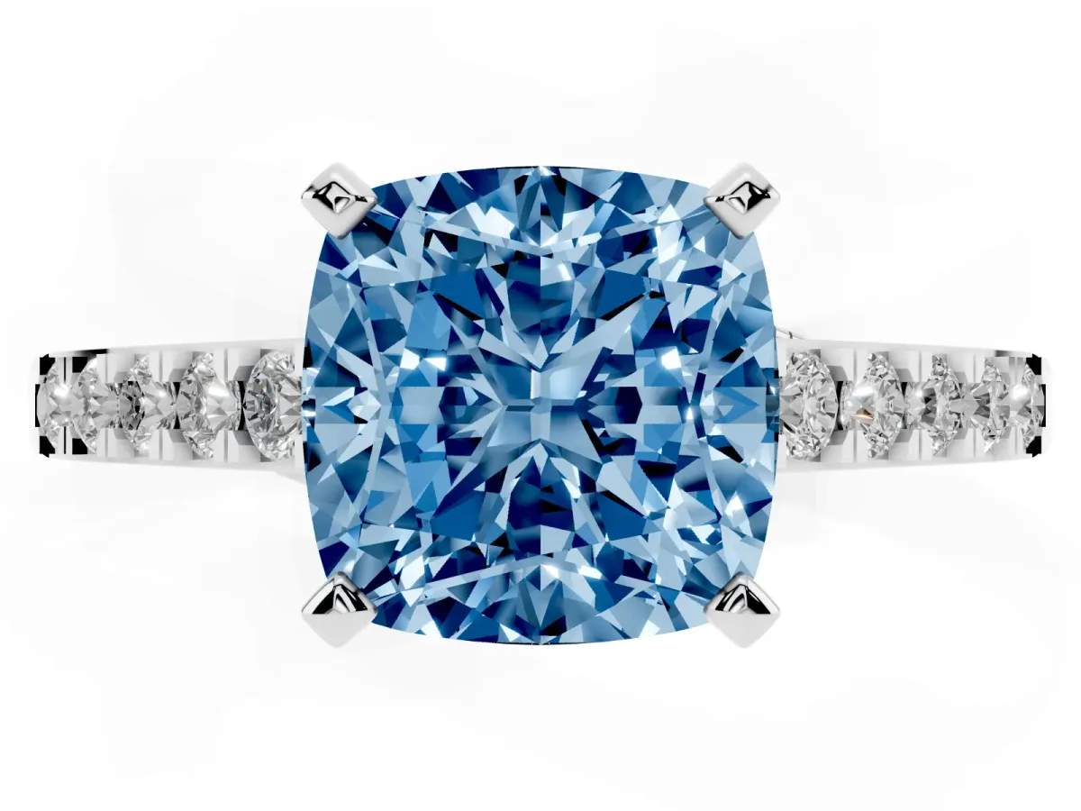 Fancy Blue Cushion Cut Diamond Solitaire Ring with Crossover Gallery and Round Pavé Band Silver