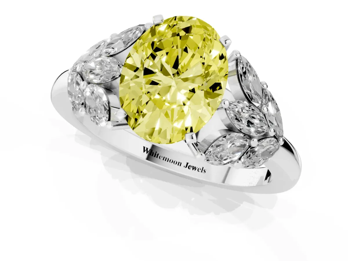Fancy Yellow Oval Cut Diamond Cluster Leaf Design Ring with Prong Setting Platinum