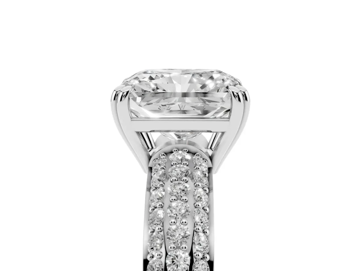 Radiant Cut Diamond Solitaire Ring with Multi-Row Round Pavé Band and Prong Setting Silver