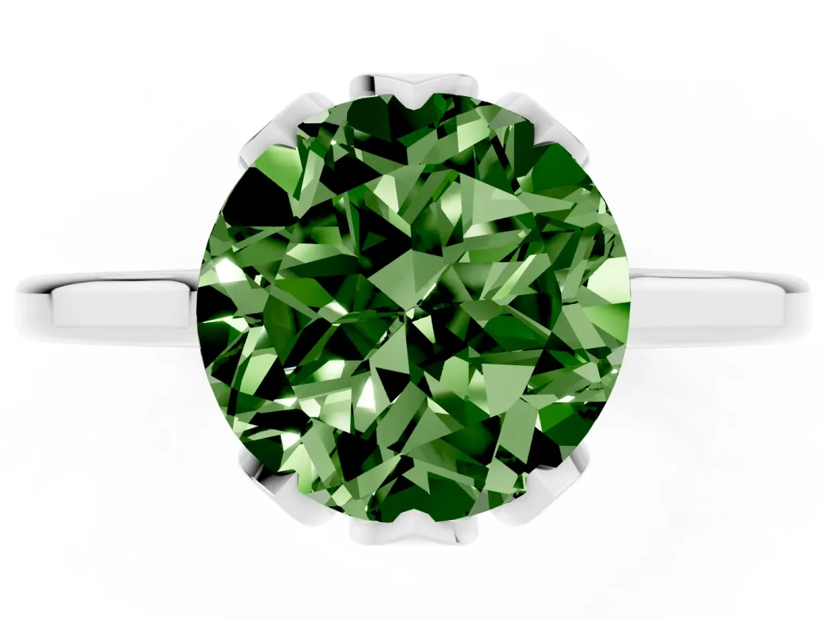 Fancy Green Round Cut Diamond Solitaire Ring with Flower Prong Setting and Classic Band Silver