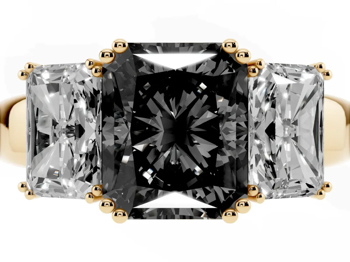 Fancy Black Three-Stone Radiant Cut Cut Diamond Ring with Channel Set Band and Four-Prong Setting Yellow gold