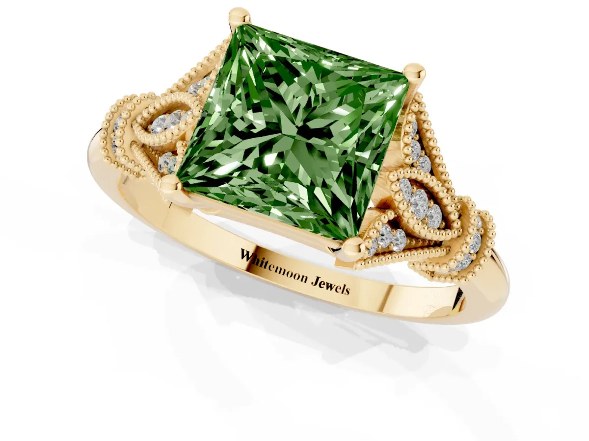Fancy Green Princess Cut Diamond Solitaire Ring with Floral Filigree and Pave Accents Yellow gold