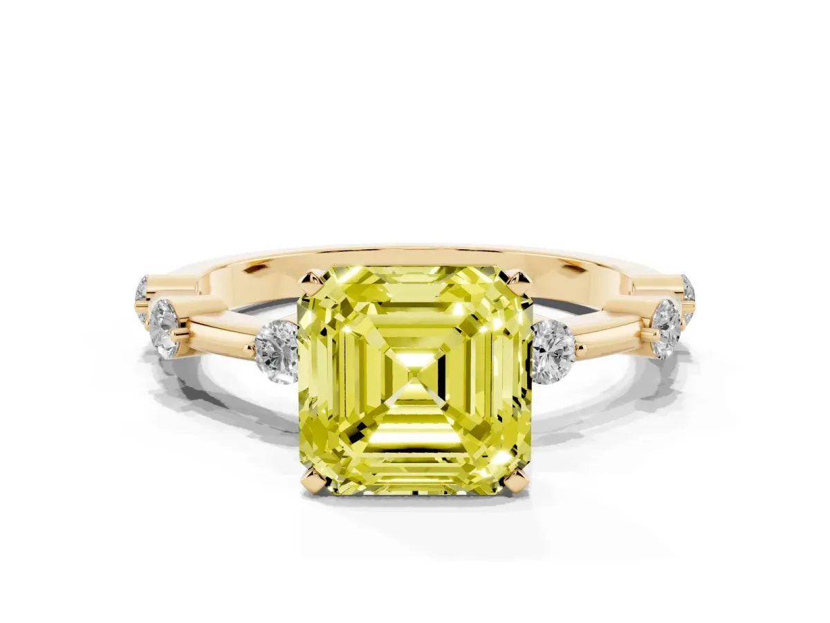Fancy Yellow Asscher Cut Solitaire Diamond Ring with Bezel Set Side Stones and Prong Setting Yellow gold