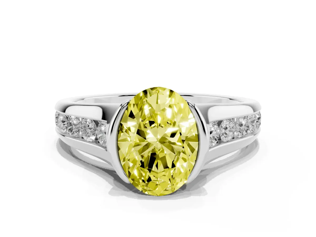 Fancy Yellow Oval Cut Solitaire Bezel-Set Diamond Ring with Channel-Set Band Silver