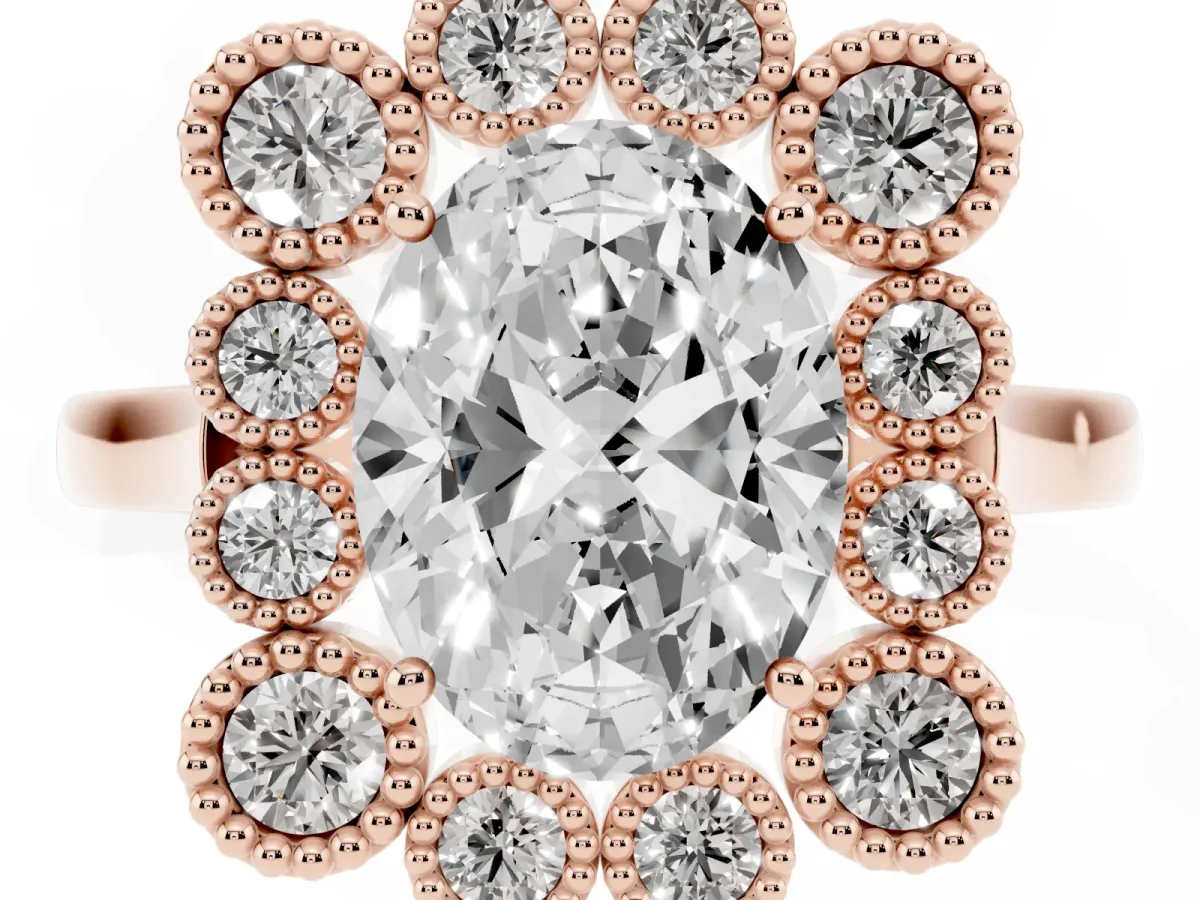 Oval Cut Halo Diamond Cluster Engagement Ring with Milgrain Bezel Setting and Solitaire Band Rose gold