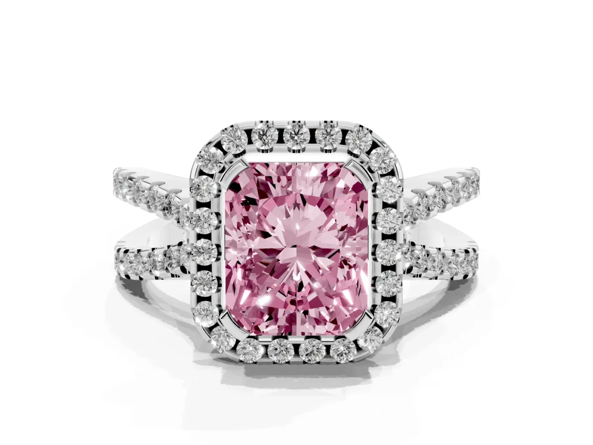 Fancy Pink Radiant Cut Diamond Halo Ring with Split Shank Pavé Band and Prong Setting Silver