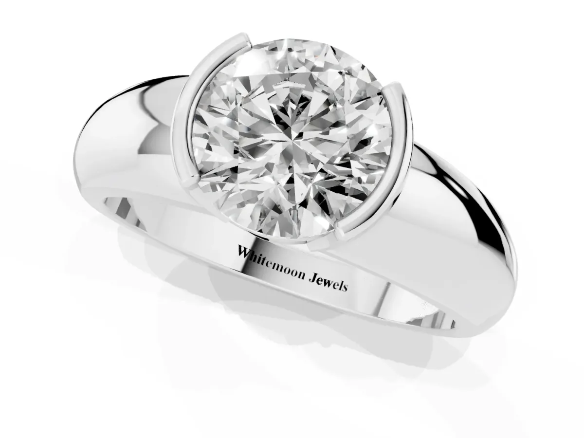Round Cut Solitaire Tension Set Diamond Ring with Wide Band Silver