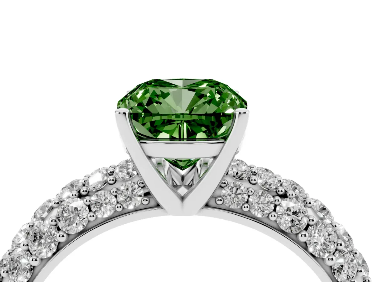 Fancy Green Cushion Cut Diamond Pavé Band Solitaire Ring with Four-Prong Setting Silver