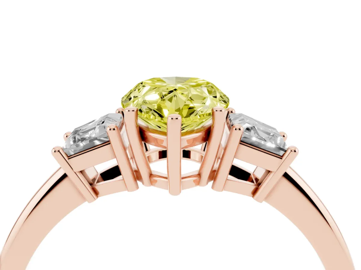 Fancy Yellow Pear Cut Diamond Three-Stone Ring with Trapezoid Side Stones and Prong Setting Rose gold
