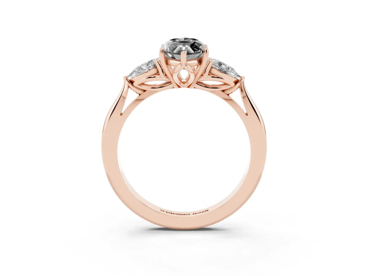 Fancy Black Marquise Cut Diamond Three-Stone Ring with Pear Side Stones and Prong Setting Rose gold