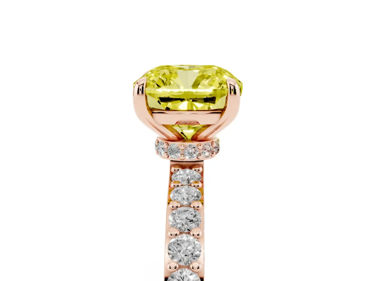 Fancy Yellow Cushion Cut Diamond Pavé Engagement Ring with Round Accents and Prong Setting Rose gold