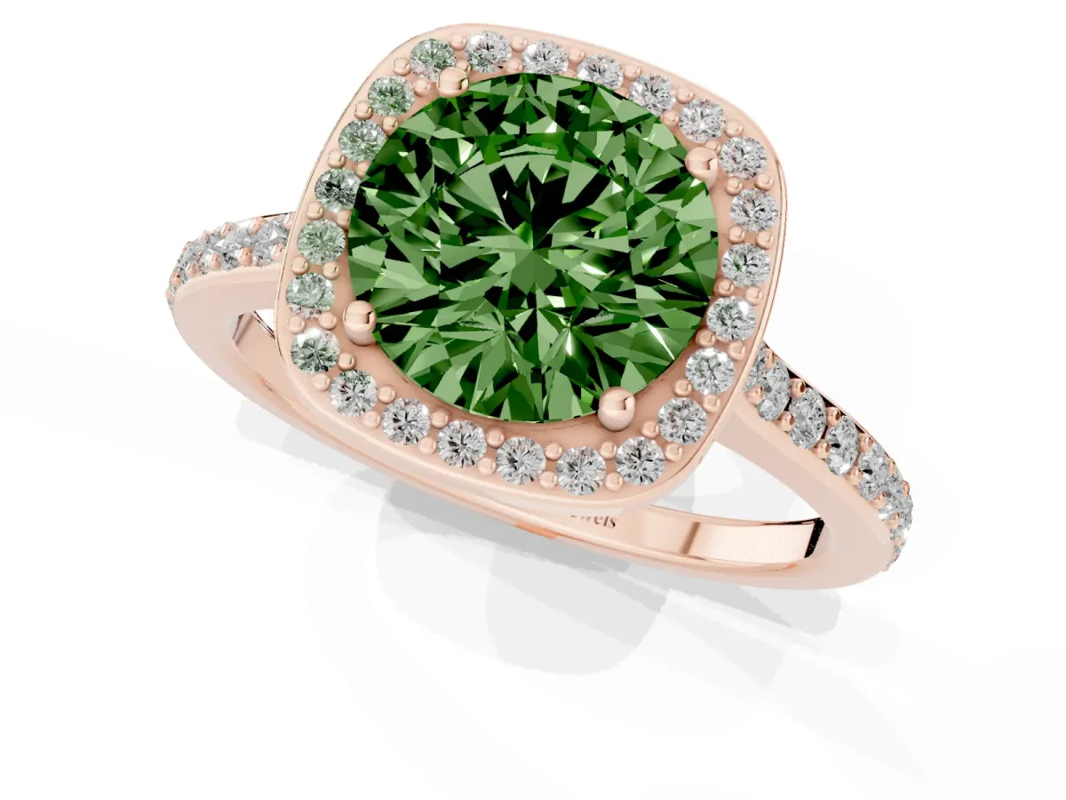 Fancy Green Round Cut Diamond Halo Engagement Ring with Round Pavé Shoulders and Prong Setting Rose gold