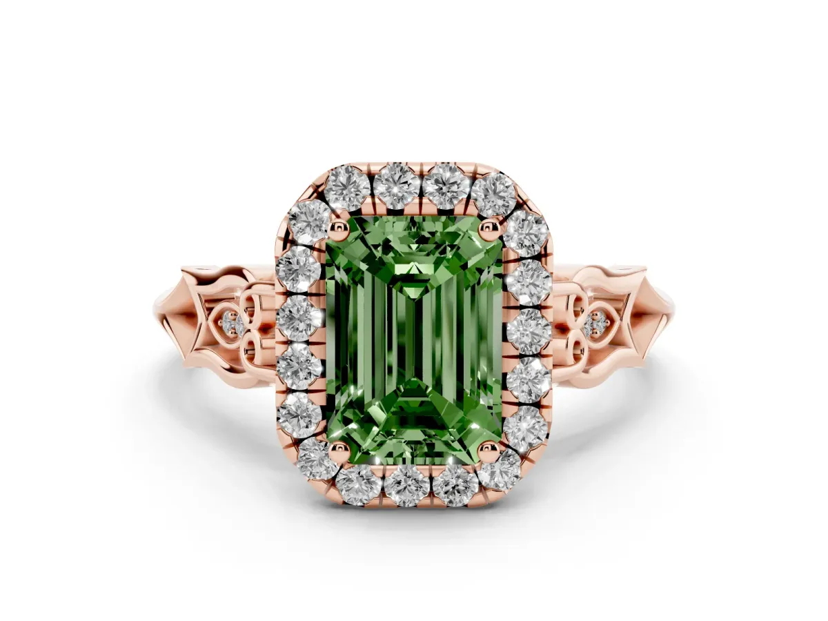 Fancy Green Emerald Cut Halo Diamond Engagement Ring with Filigree Band and Four-Prong Setting Rose gold