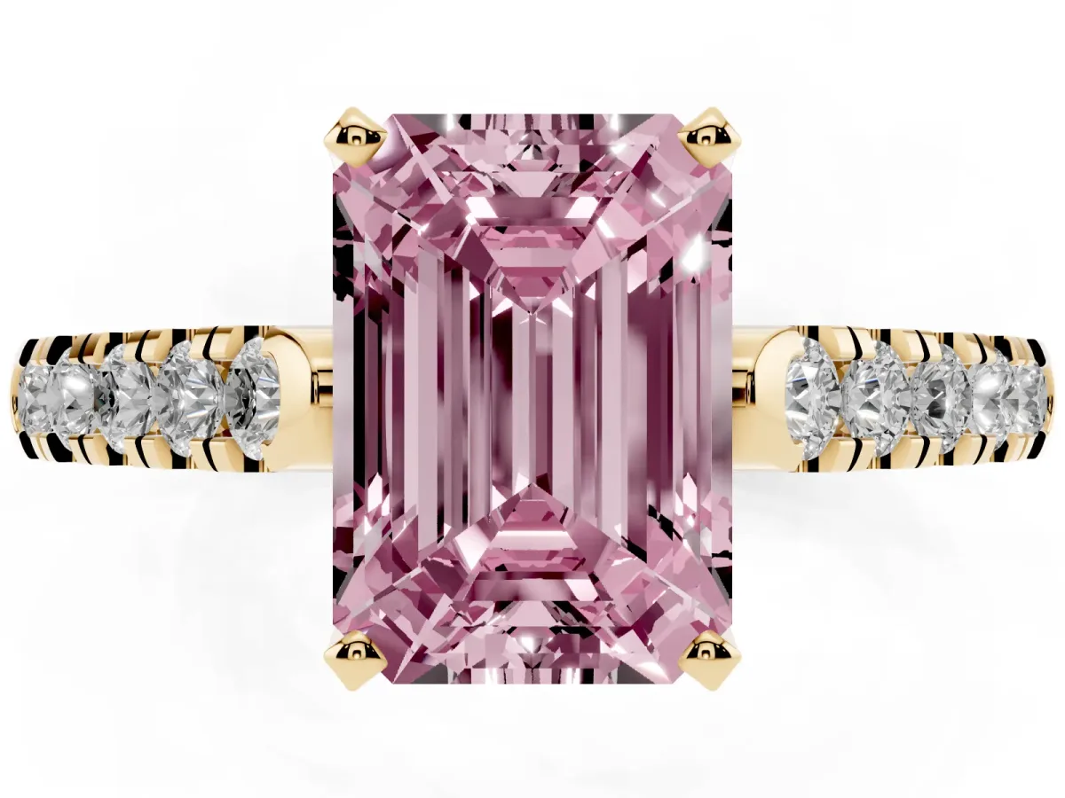 Fancy Pink Emerald Cut Diamond Pavé Band Solitaire Ring with Prong Setting Yellow gold