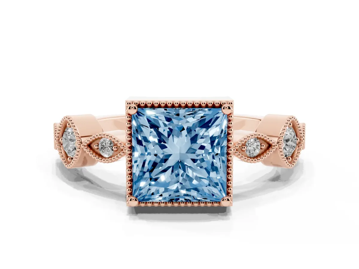 Fancy Blue Princess Cut Diamond Vintage Milgrain Ring with Round Stations Rose gold