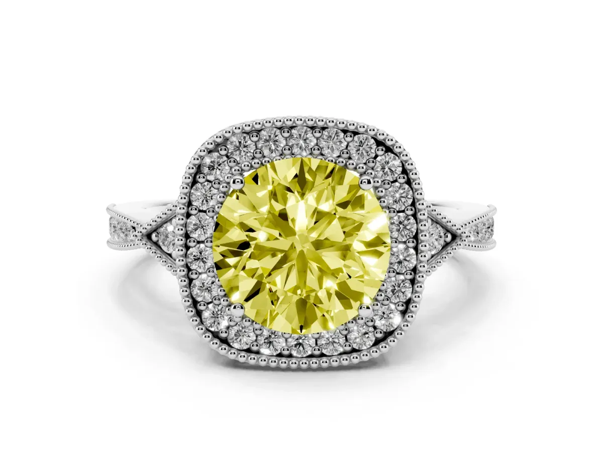 Fancy Yellow Round Cut Halo Round Diamond Milgrain Pave Engagement Ring Silver