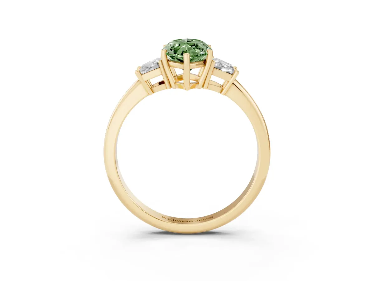 Fancy Green Marquise Cut Diamond Three-Stone Ring with Trapezoid Side Stones and Prong Setting Yellow gold