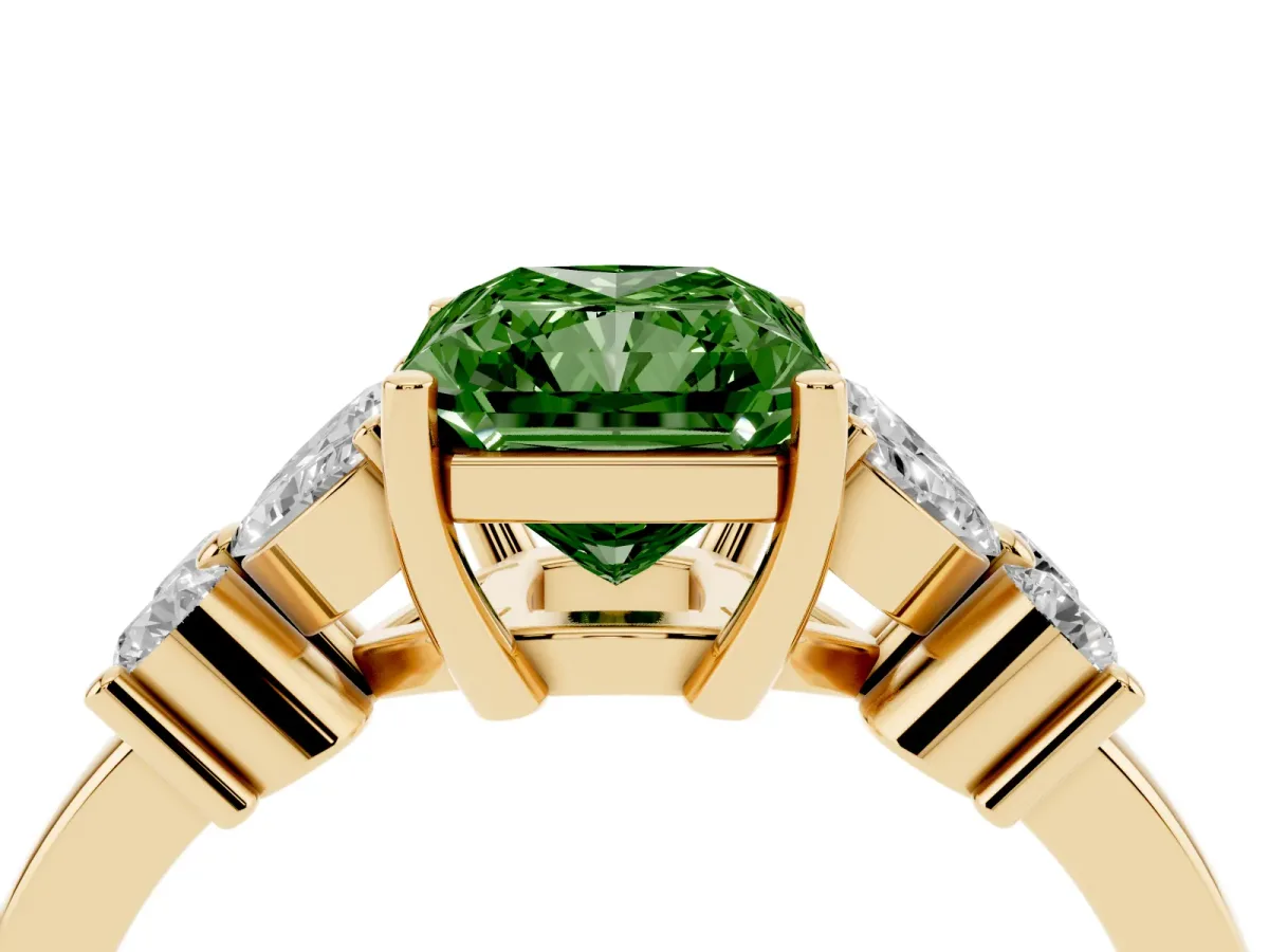 Fancy Green Radiant Cut Diamond Floral Cluster Ring with Solitaire Band and Prong Setting Yellow gold