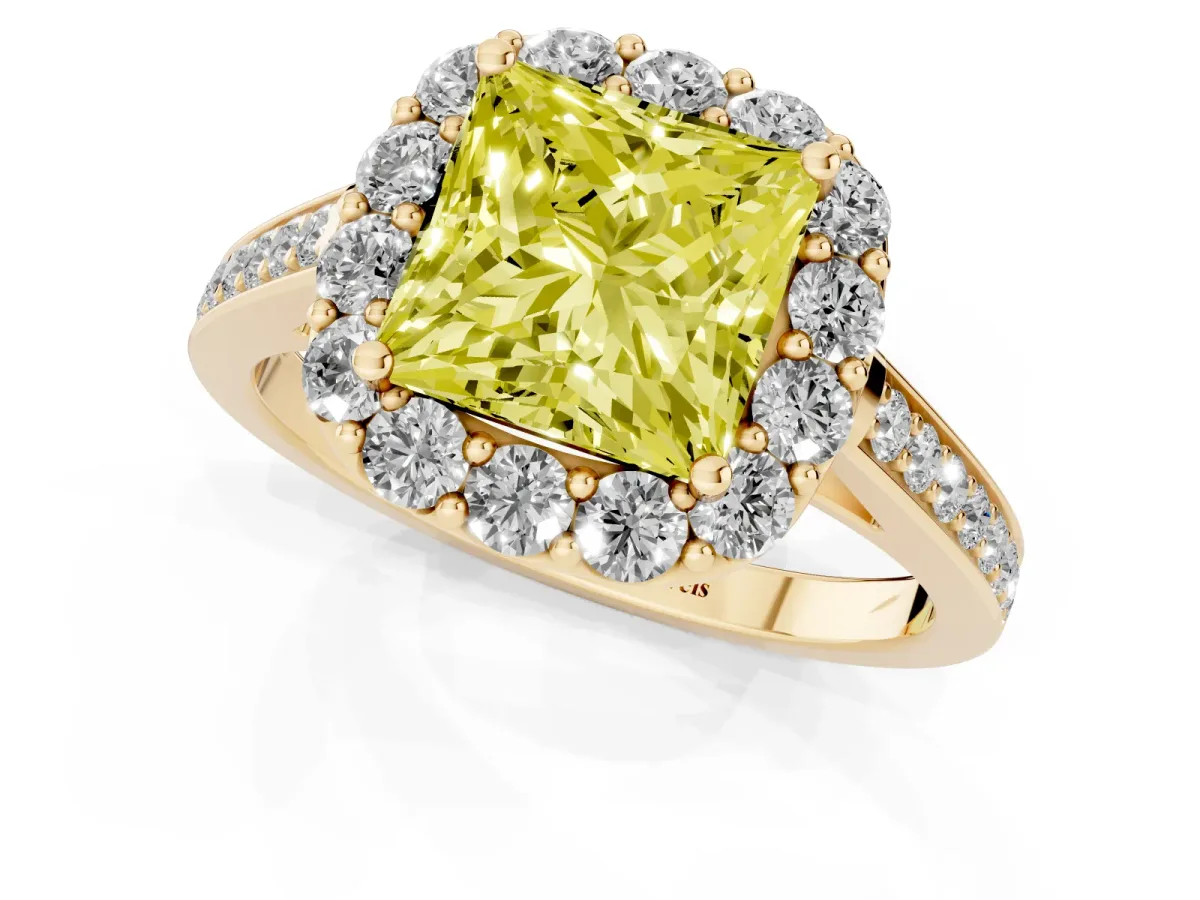 Fancy Yellow Princess Cut Diamond Floral Halo Ring with Pavé Band and Prong Setting Yellow gold
