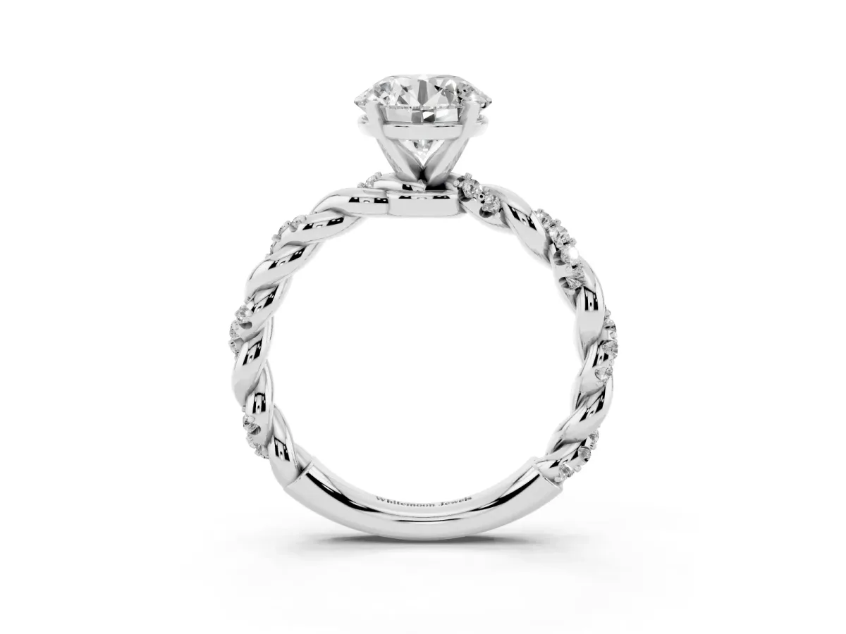Round Cut Diamond Solitaire Ring with Twisted Band and Pavé Accents White gold