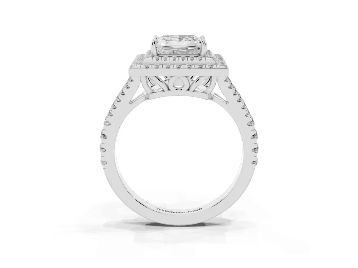 Princess Cut Diamond Double Halo Ring with Pavé Band and Prong Setting Silver