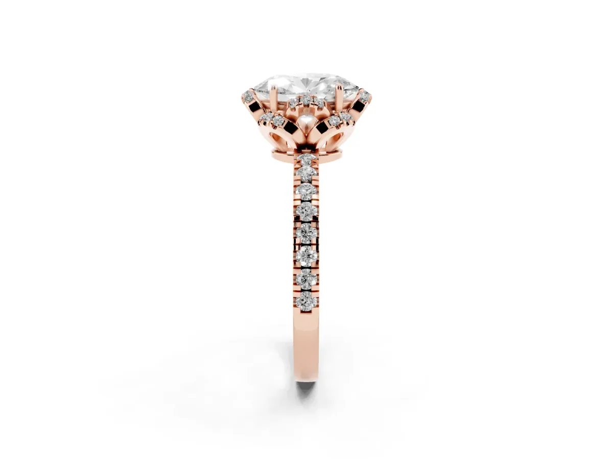 Oval Cut Diamond Halo Pave Band with Four-Prong Setting Rose gold