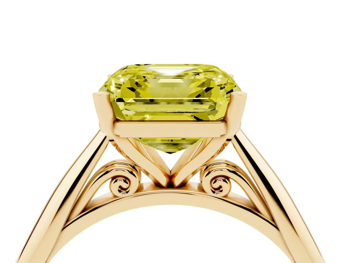 Fancy Yellow Asscher Cut Diamond Solitaire Engagement Ring with Cathedral Setting and Four-Prong Mount Yellow gold