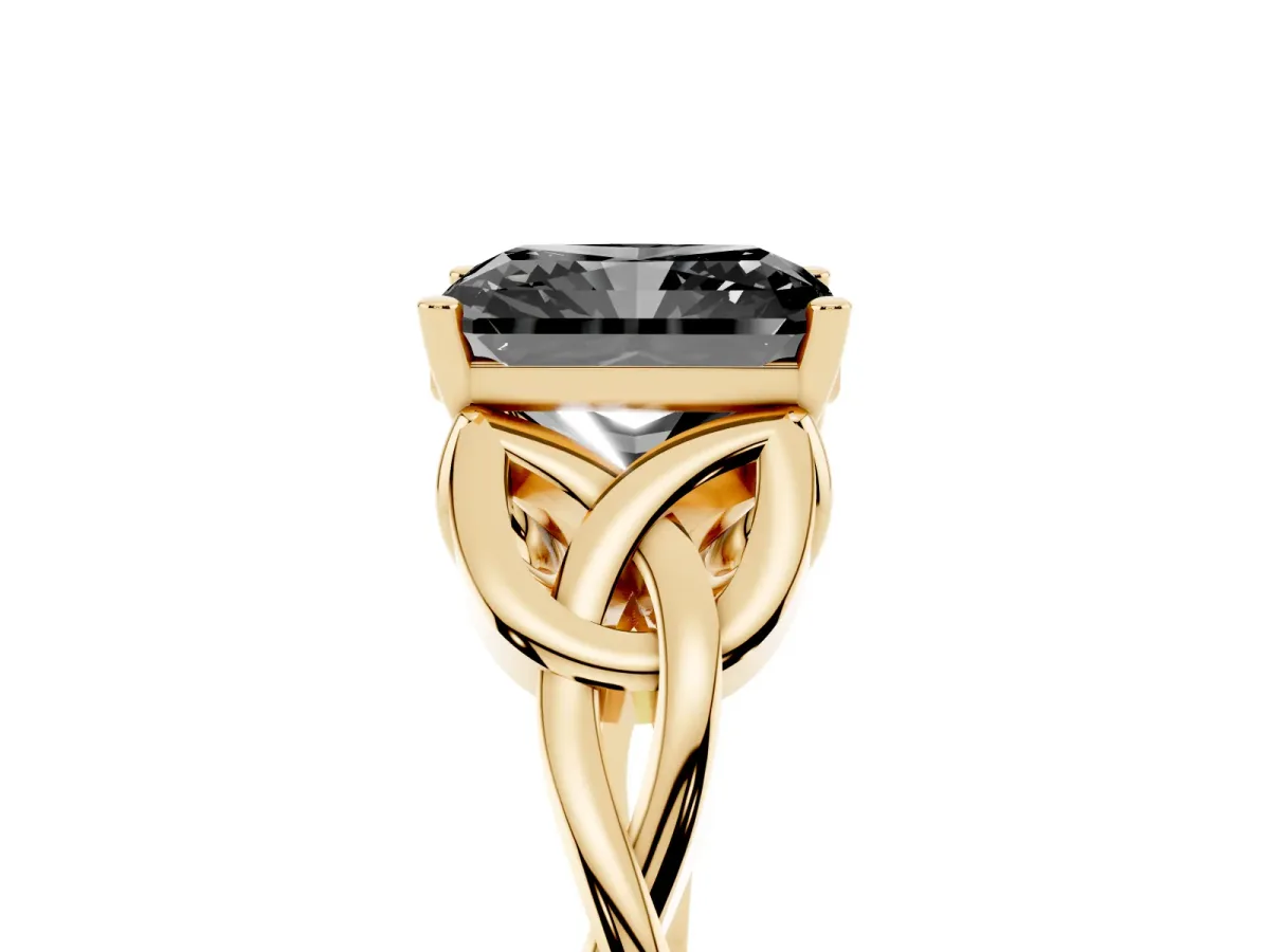 Fancy Black Radiant Cut Diamond Solitaire Engagement Ring with Celtic Knot Band and Four-Prong Setting Yellow gold
