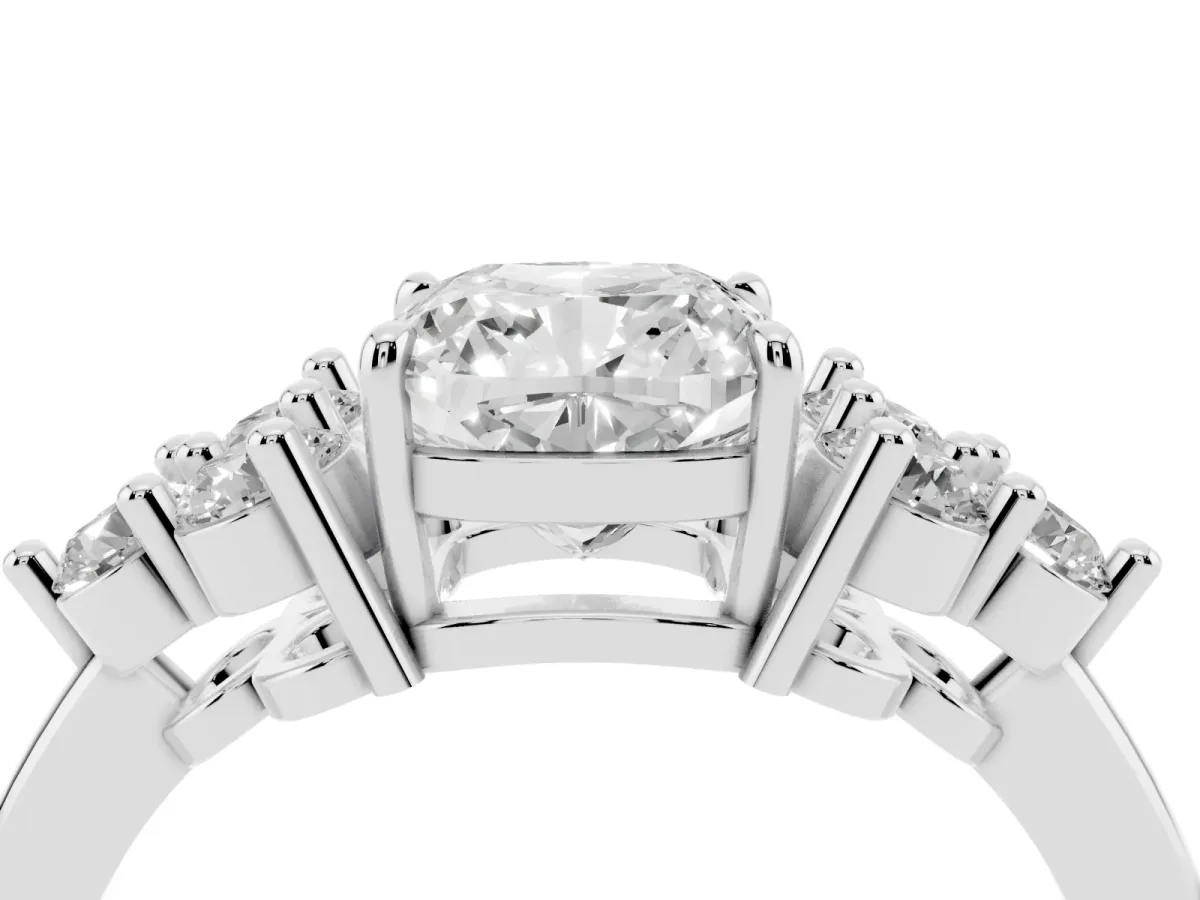 Cushion Cut Brilliant Diamond Cluster Accent Solitaire Ring with Prong Setting White gold
