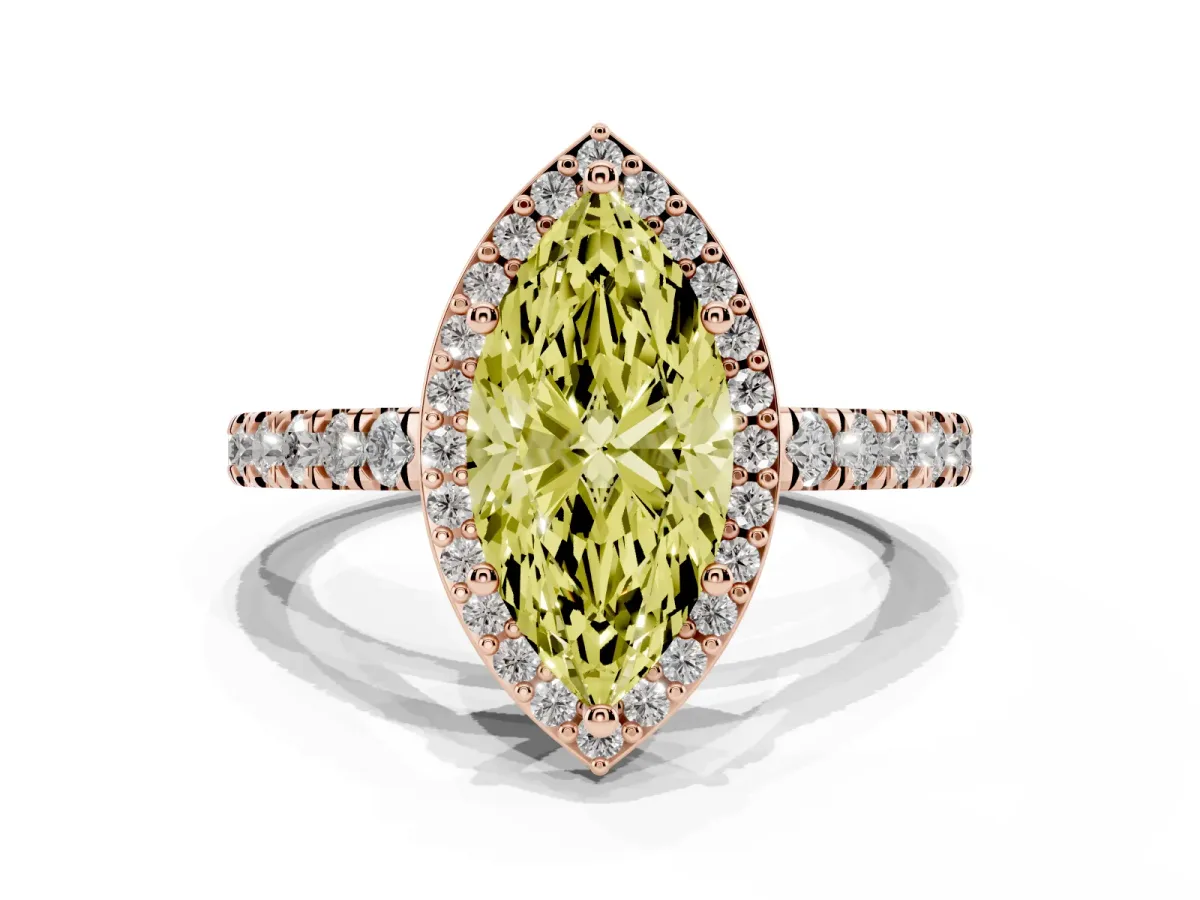 Fancy Yellow Marquise Cut Cut Halo Diamond Engagement Ring with Pave Band and Four-Prong Setting Rose gold