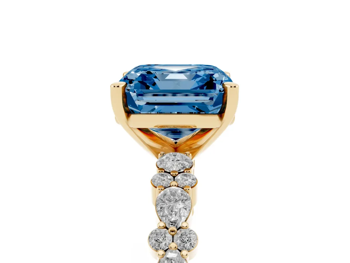 Fancy Blue Asscher Cut Diamond Side Stone Solitaire Ring with Round and Four-Prong Setting Yellow gold