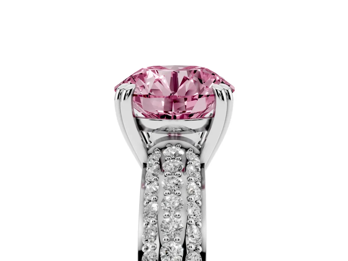 Fancy Pink Round Cut Diamond Solitaire Ring with Multi-Row Round Pavé Band and Prong Setting Silver