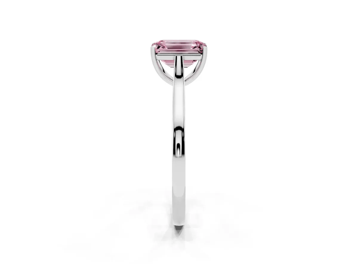Fancy Pink Emerald Cut Solitaire Heart Prong Engagement Ring with Tapered Band White gold
