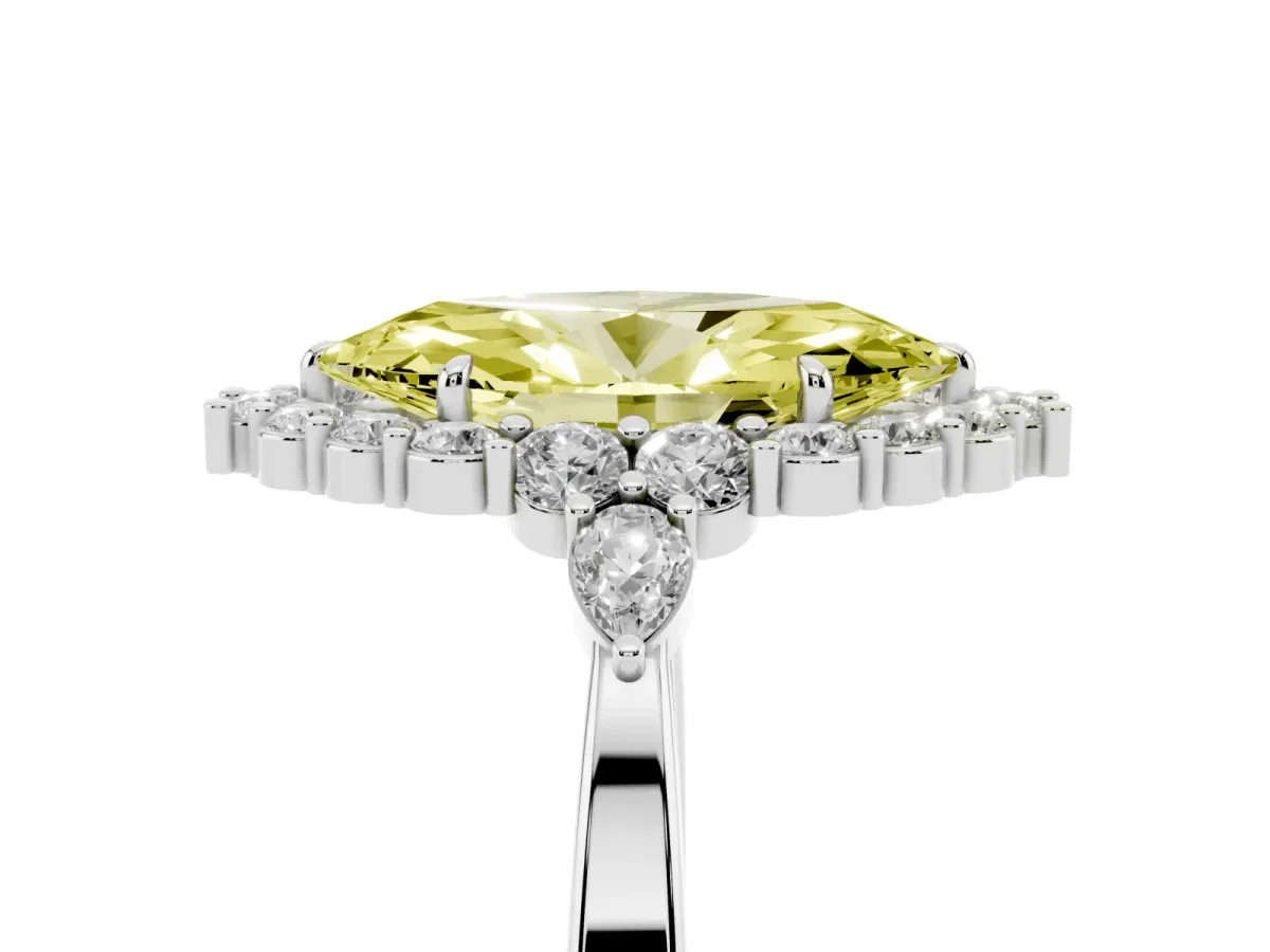 Fancy Yellow Marquise Cut Diamond Halo Ring with Pear Side Stones and Prong Setting Platinum