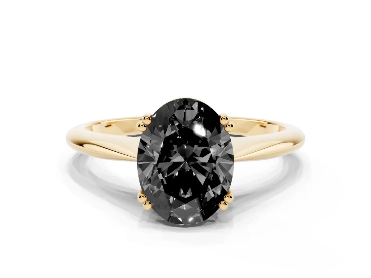 Fancy Black Oval Cut Solitaire Diamond Ring with Six-Prong Setting and Classic Band Yellow gold