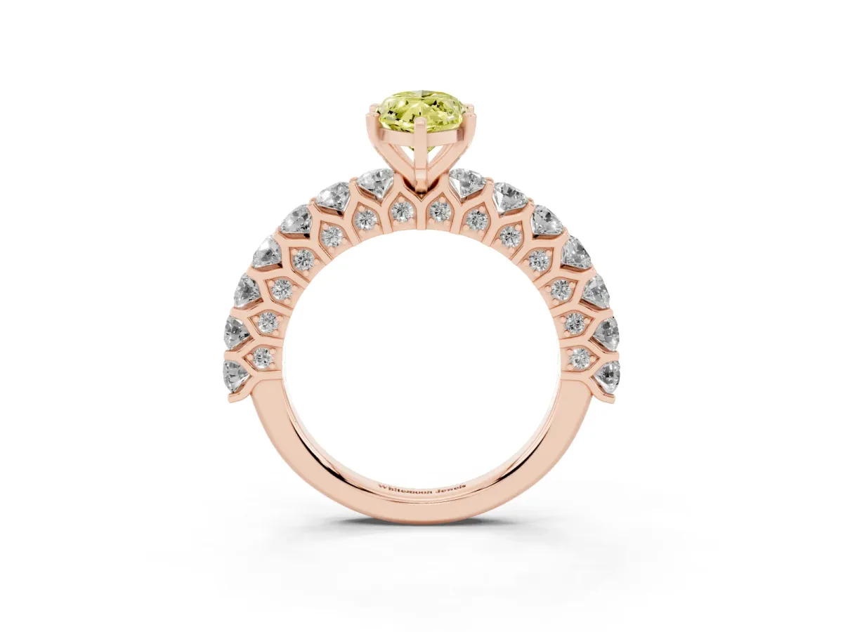 Fancy Yellow Marquise Cut Diamond Solitaire Ring with Shared Prong Pavé Band and Four-Prong Setting Rose gold