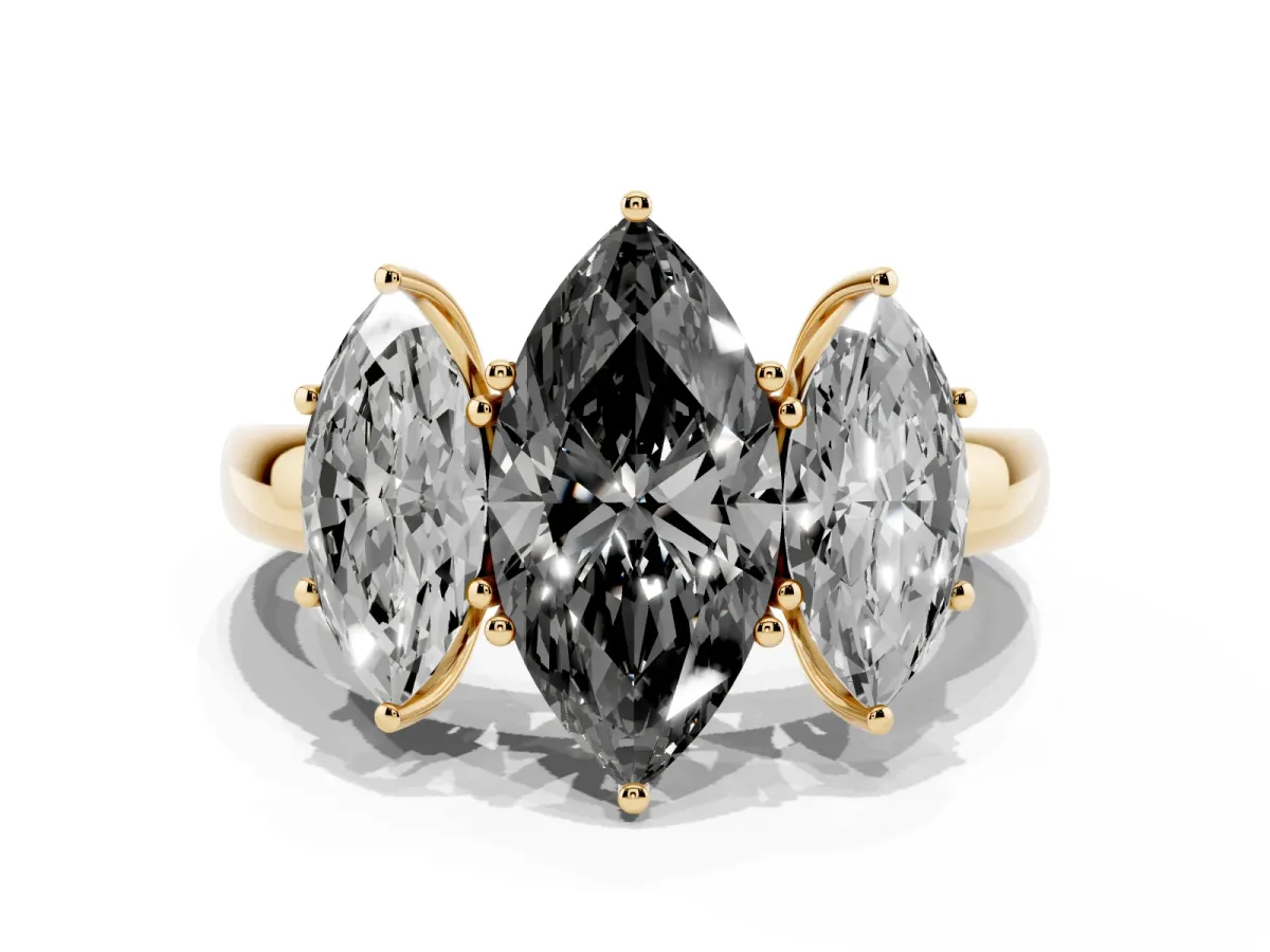Fancy Black Marquise Cut Diamond Three-Stone Ring with Four-Prong Setting and Classic Band Yellow gold