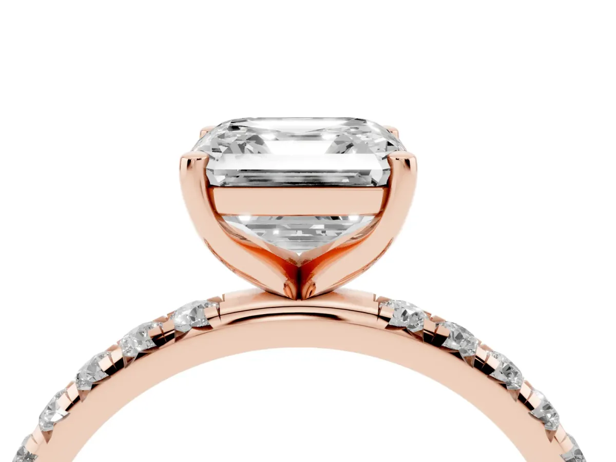 Asscher Cut Cut Diamond Solitaire Ring with Micro Pave Band and Four Prong Setting Rose gold