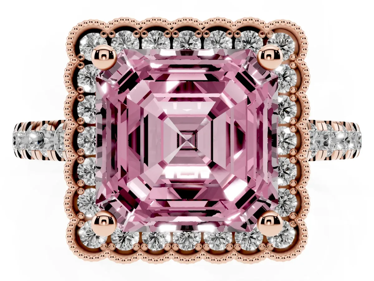 Fancy Pink Asscher Cut Cut Diamond Milgrain Floral Halo Engagement Ring with Pavé Band Rose gold